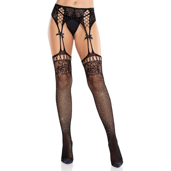 Black Rhinestone Lace Top Fishnet Stockings With - Gartner Belt - Os