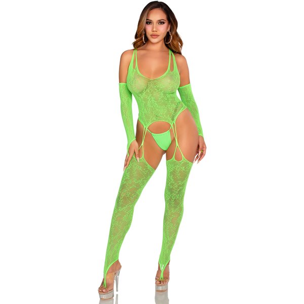 2 Pc Lace Halter Footless Cami Garter With Attached Toe Loop Stockings O/s - Neon Green
