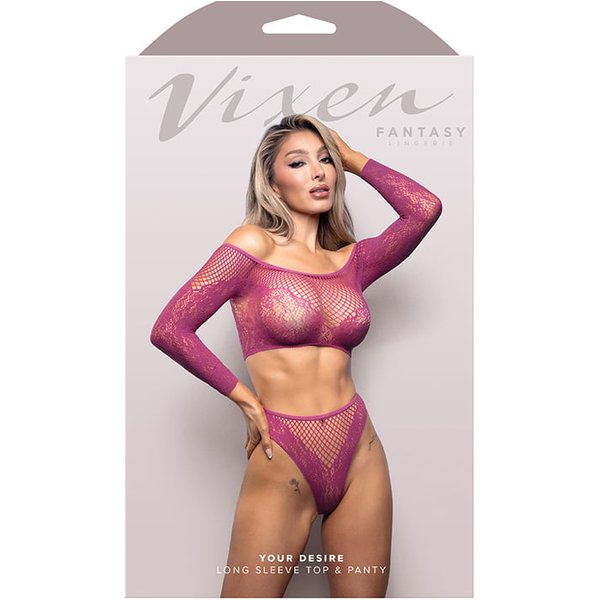 Your Desire Long Sleeve Top and Panty - OS - Magenta