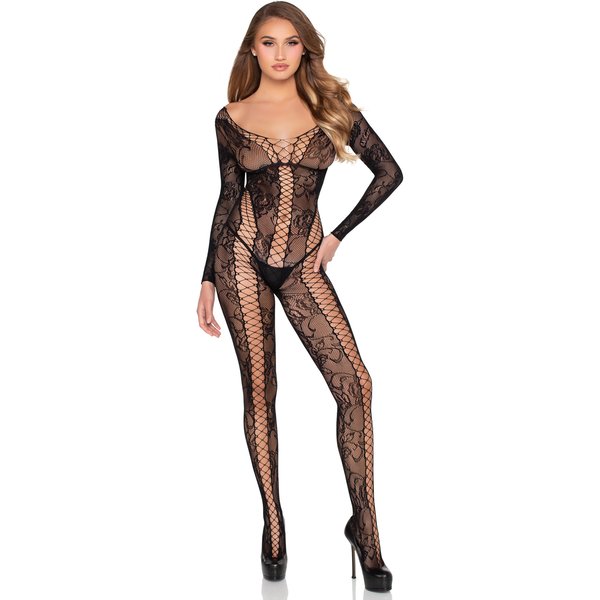Net and Lace Crotchless Lingerie Jumpsuit - Os - Black