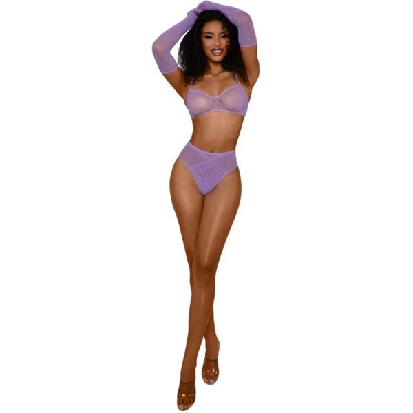 Lace Bralette Panty and Gloves Set - Os - Lilac