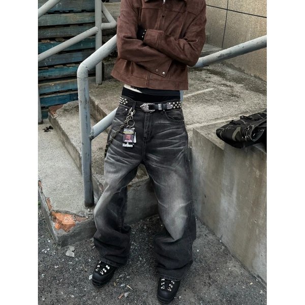 Men's Vintage Washed Black Baggy Jeans – Retro Distressed Denim Pants With Cat Whiskers & Clean Fit Drop Hem-image