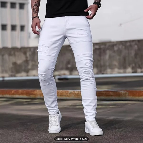 High Street Slim Fit Stretch Denim Jeans for Men Casual Skinny Jeans White Comfortable Elastic Fabric