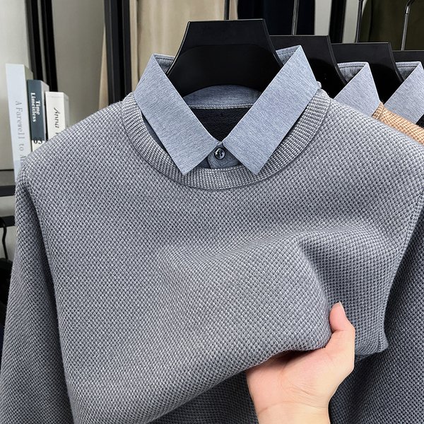 2026 2025 Autumn Winter New Two-Piece Men's Long Sleeve Fleece Lined Thickened Solid Color Simple Base Shirt Top