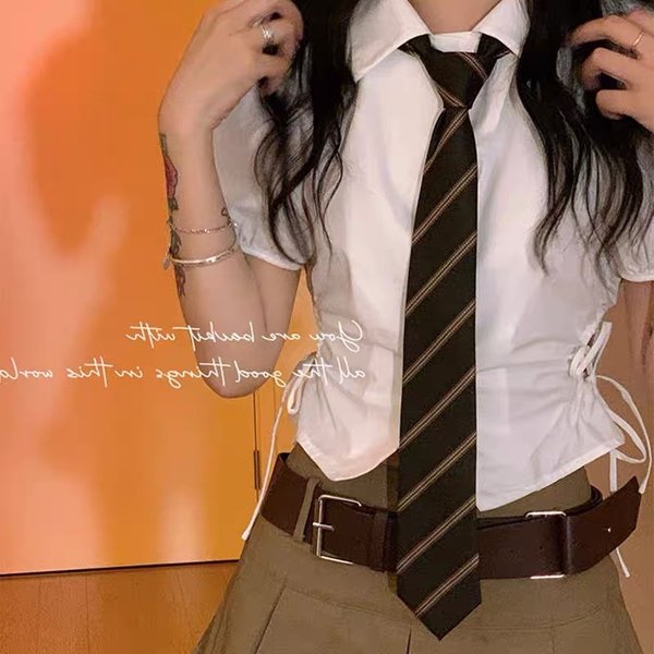 Brown Striped For Women Jk College Style Lazy No-Tie Shirt Accessory Coffee Color Hand-Tied Tie-image
