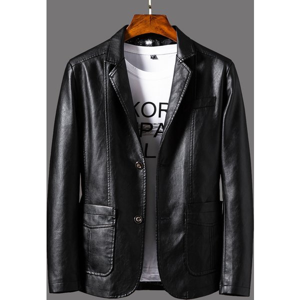 Men's Slim Fit PU Leather Blazer – Business Casual Jacket With Notched Lapel (M-6XL, Black/Brown/Khaki, Lightweight Spring Wear)-image