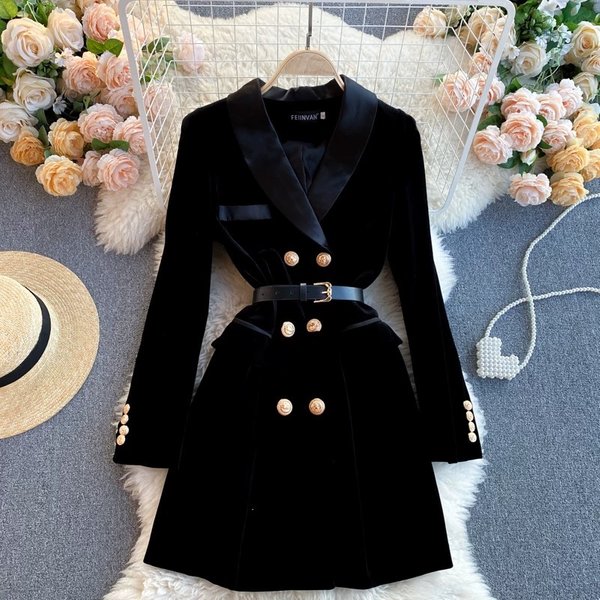 Velvet Blazer Dress – Double-Breasted Winter Dress With Notch Lapel (S-2XL, Elegant Office Wear, British-Inspired Style)-image