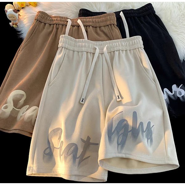 Men's Summer Wide Leg Sports Shorts Black Loose Fit Casual Polyester Teenager Couple Mid Waist Baggy Pants Drawstring-image