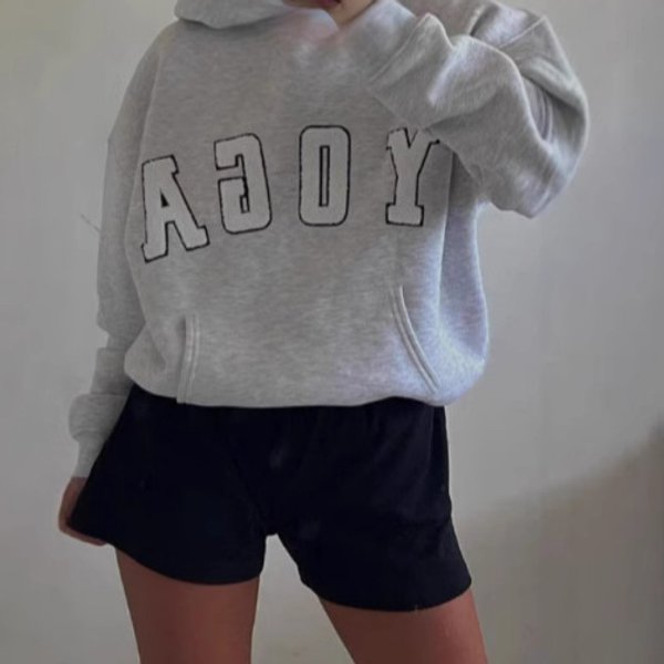 New Casual Gray Embroidered YOGA Printed Loose Hooded Women's Sweatshirt