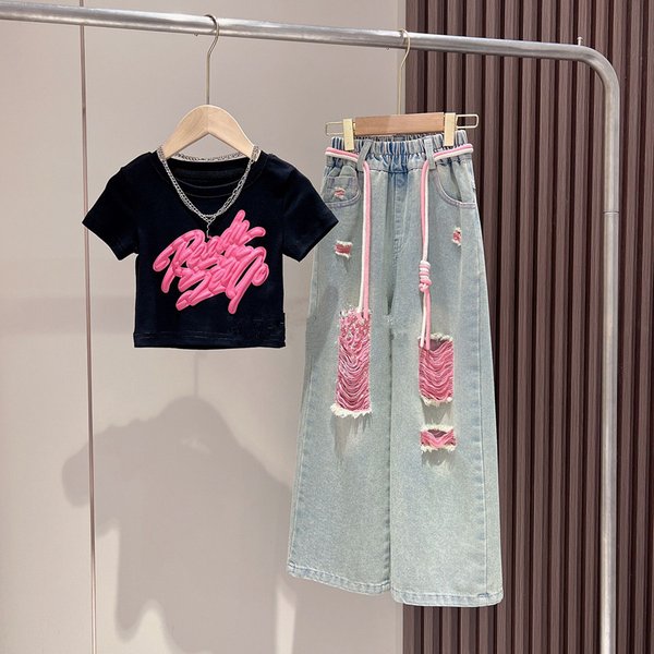 Girls Spring And Autumn Three-dimensional Spray-painted Graffiti Short Sleeve Color Jeans Ripped Pants Set Children's Wide-leg Pants