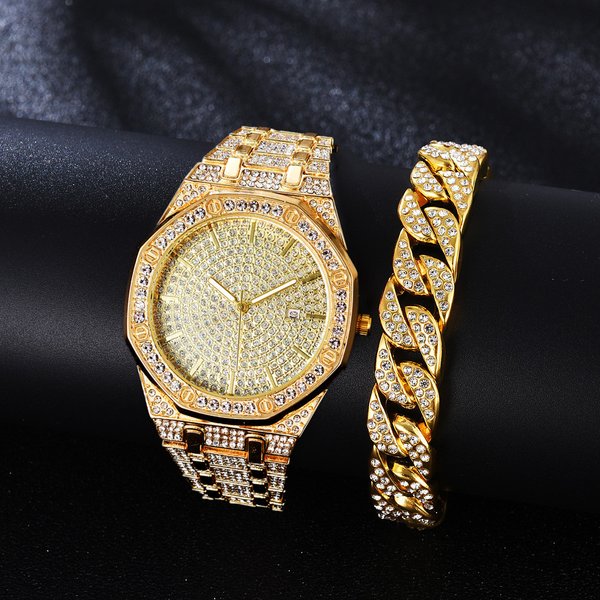 Business Fashion Trend Diamond Octagonal Dial Quartz Watch + Diamond Bracelet (2Pcs/Set)-image