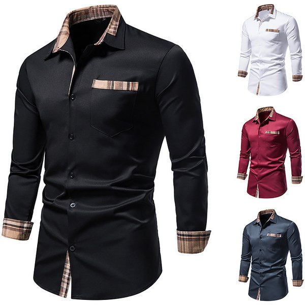 Autumn New Men's Color-Blocked Casual Long-Sleeved Formal Shirt Men's Slim-Fit Plaid Collar Button-Down Shirt-image