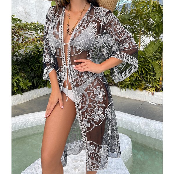 Women's Water-soluble Silk Sun Protection Clothing Openwork Embroidery Strap Loose Sexy Casual Bikini Sun Protection Clothing