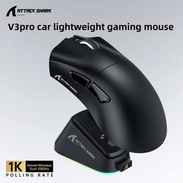 Attackshark V3PRO Mouse, Lightweight, Video Game, The Third Mock Examination, Wireless Bluetooth, Rgb Seat, Rechargeable-image