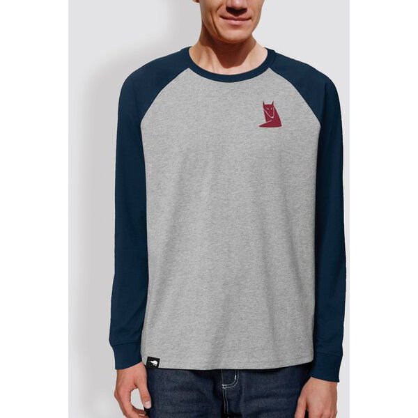little kiwi Herren Langarm-T-Shirt, "Fuchs", Heather Grey/Burgundy, Heather Grey/Navy