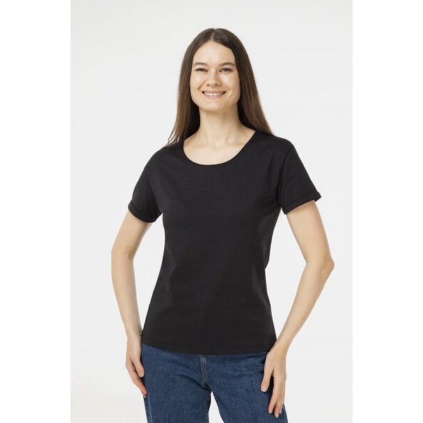Evermind Damen T-Shirt mit umgeschlagenen Ärmeln
