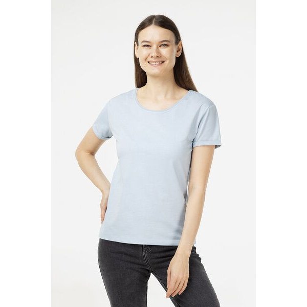 Evermind Damen T-Shirt mit umgeschlagenen Ärmeln