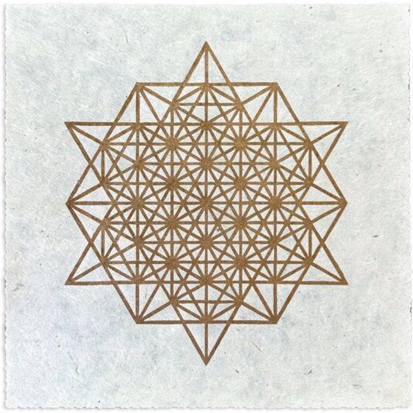Veskor Cassiopeia STERN TETRAEDER 64 Heilige Geometrie Linoldruck | 22 × 22 cm | Gold auf Naturweiß