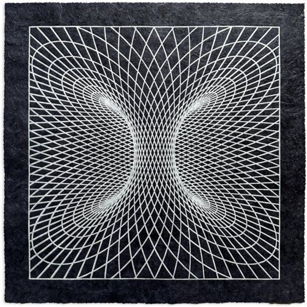 Veskor Cassiopeia TORUSFELD Heilige Geometrie Linoldruck | 40 x 40 cm | Silber auf Schwarz