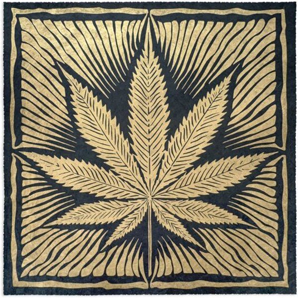 Veskor Cassiopeia CANNABIS BLATT Marihuana Pflanzen Linoldruck | 40 × 40 cm | Bronze auf Schwarz
