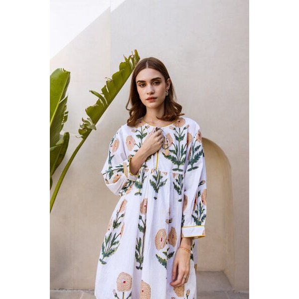 Haus of Namaste Ballonkleid kurz aus Bio-Baumwolle „Marigold Kurzkleid“ , handbedruckt mit veganen Farben