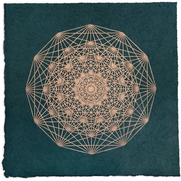 Veskor Cassiopeia DEMIHEPTERAKT Heilige Geometrie Linoldruck | 40 × 40 cm | Kupfer auf Smaragdgrün