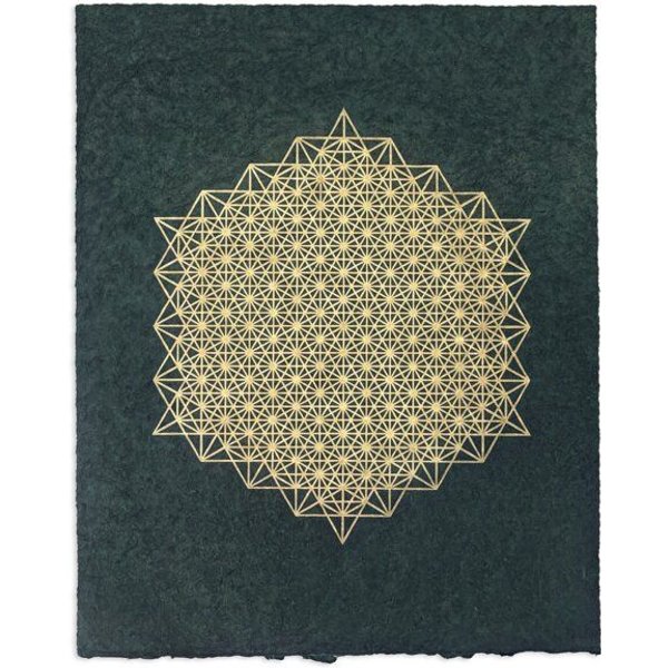 Veskor Cassiopeia STERN TETRAEDER 512 Heilige Geometrie Linoldruck | 40 x 50 cm | Gold auf Smaragdgrün