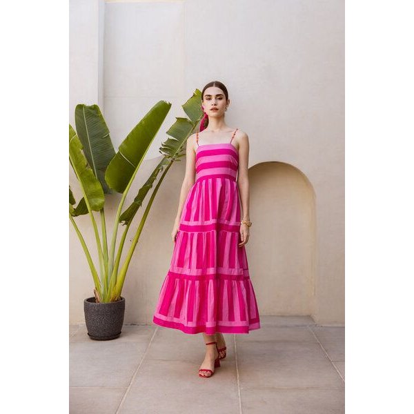Haus of Namaste Midikleid 'Gulaal' aus Bio-Baumwolle – Rosa handbedruckt, gefüttert & mit Taschen