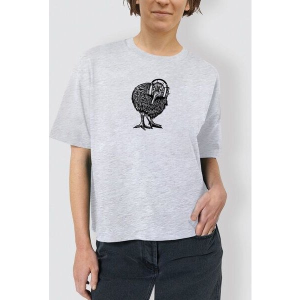 little kiwi Damen T-Shirt, „Kiwi mit Kopfhörer“, locker geschnitten