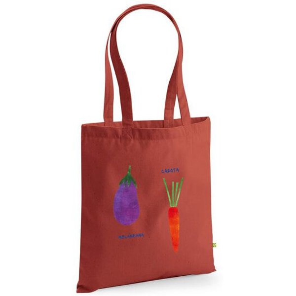MELAdi Tragetasche / Tote Bag aus Biobaumwolle - Aubergine und Karotte auf Rusty Red