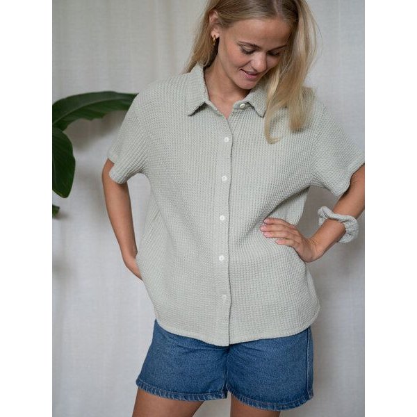 FUXBAU Frauen kurzarm Waffelstrick Bluse