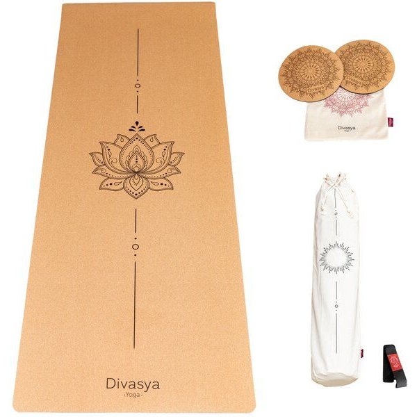 Divasya Yoga Komfort-Set: Yogamatte aus Kork & Naturkautschuk inklusive 2 Kniepads (Lotus / Pure)