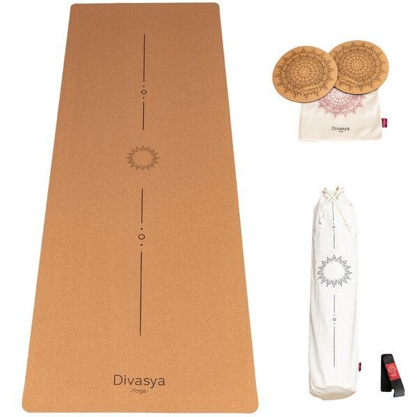 Divasya Yoga Komfort-Set: Yogamatte aus Kork & Naturkautschuk inklusive 2 Kniepads (Lotus / Pure)