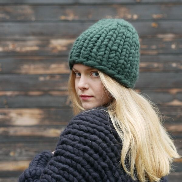 PANAPUFA Handgestrickte Chunky Beanie – 100 % Merinowolle