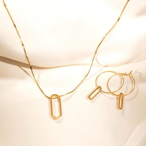 ELEKTROPULLI Superfeine zeitlose Kette 1mm schmal mit grafischem Oval Anhänger, Set mit Ohrringen