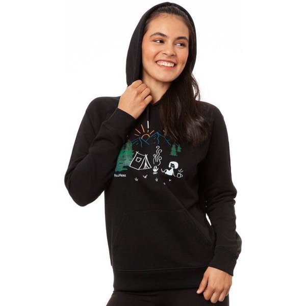 FellHerz Damen Hoodie Camping Girl black aus 85% Biobaumwolle und 15% recyceltem Polyester