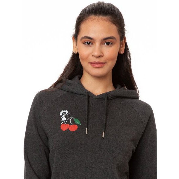 FellHerz Damen Hoodie Cherry dance dark grey melange aus 85% Biobaumwolle und 15% recyceltem Polyester