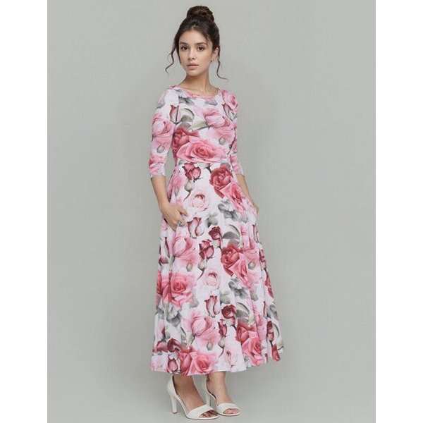 Ingoria AMELIA zeitloses Maxi-Wendekleid mit Taillenschnürung 3/4 Arm (Print)