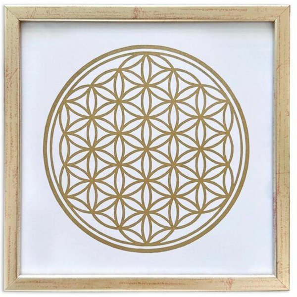 Veskor Cassiopeia Gerahmt | BLUME DES LEBENS I Heilige Geometrie Linoldruck | 20 × 20 cm in 22 × 22 cm Rahmen | Gold auf Weiß
