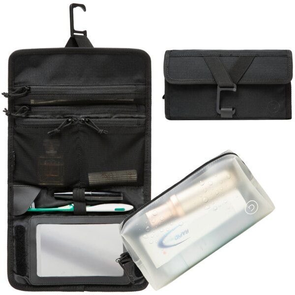 TRAVEL DUDE Faltbare Kulturtasche für Damen und Herren, Kulturbeutel zum Aufhängen, flache Waschtasche und Kosmetiktasche klein, Duschtasche Camping mit 1 Liter Beutel Flugzeug Handgepäck