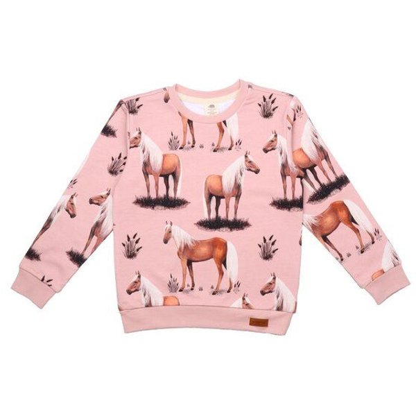 Baby Sweatshirt GOTS zertifiziert, 95% Bio-Baumwolle, rosa, Pferde-Muster, weich & bequem, Langarm – Walkiddy