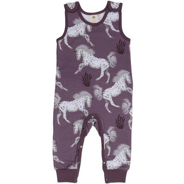 Baby Strampler GOTS zertifiziert – 95% Bio-Baumwolle, Lila mit Pferdemotiv, ärmellos, 5% Elasthan, weich & bequem | Walkiddy