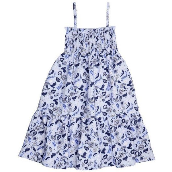 Kinder Trägerkleid GOTS-zertifiziert aus Bio-Baumwolle, blau mit Vögeln und Blumen, leicht & sommerlich – Walkiddy, weicher Tragekomfort