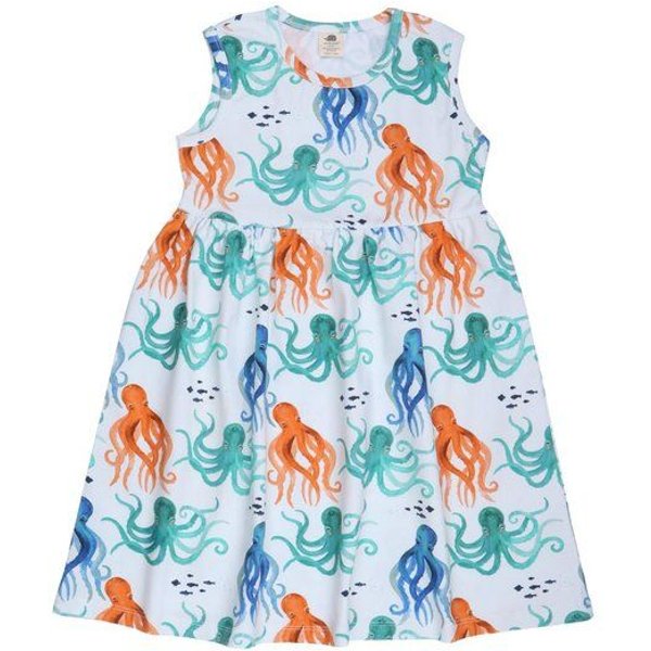 Kinder Kleid GOTS zertifiziert – Weiß mit Oktopusmotiven, ärmellos, weich & bequem | von Walkiddy
