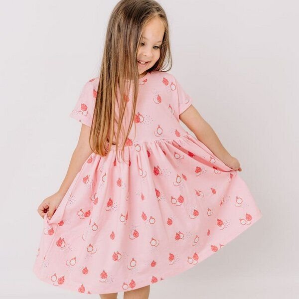 Cotokids Kinder Kleid GOTS-zertifiziert aus Bio-Baumwolle, pink mit Drachenfrucht-Motiv, kurzarm, schwingender Rock – Walkiddy
