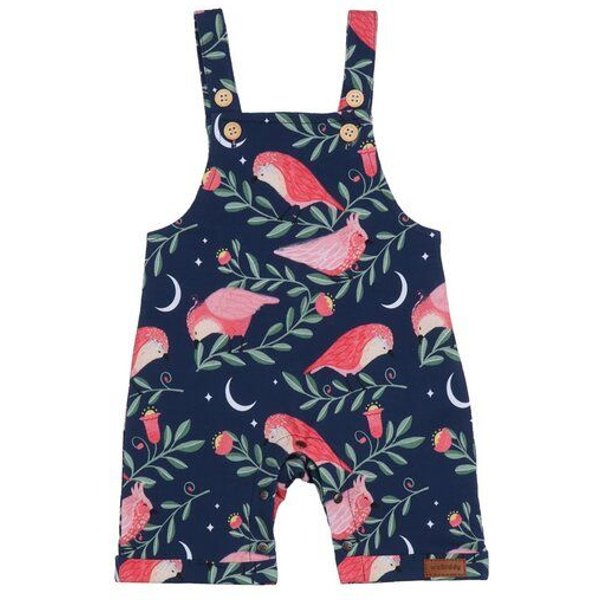 Latzstrampler Dunkelblau Rosa Vögel-Allover Bio-Baumwolle GOTS – Walkiddy