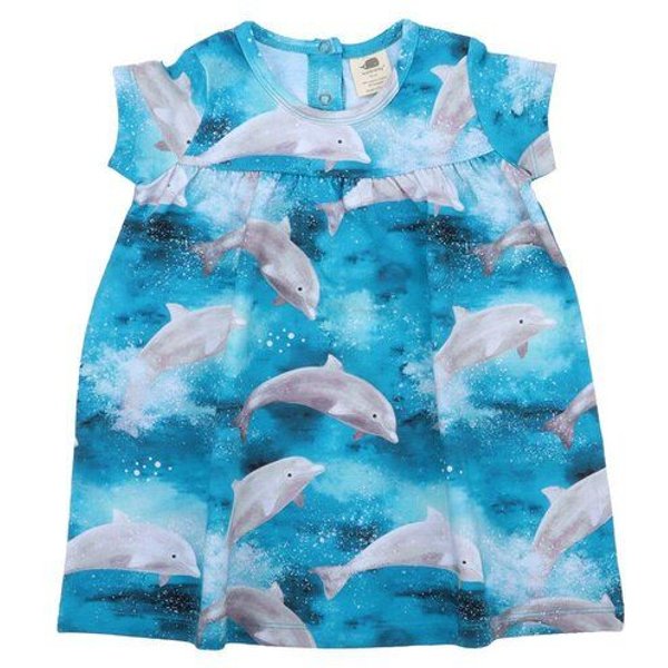 Kinderkleid GOTS zertifiziert, blau, Delfin-Allover „Happy Dolphins“, Kurzarm, weich – Walkiddy