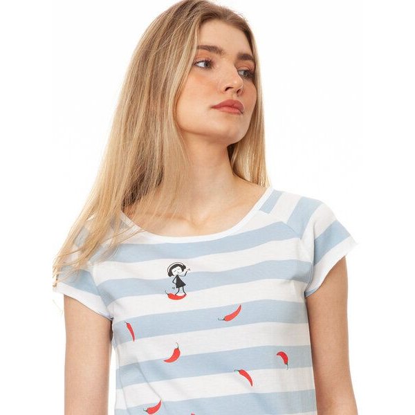 FellHerz Damen Raglan T-Shirt Red Chilli Cap Sleeve block weiß hellblau gestreift (Blockstreifen) aus 100% Biobaumwolle