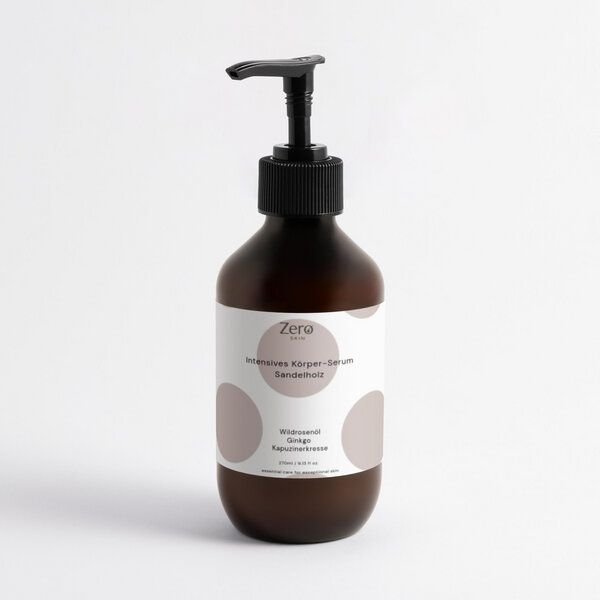 Zero Skin Intensives Köperserum Sandelholz - 270 ml - leichtes Feuchtigkeitsserum für glatte, geschmeidige Haut mit Hyaluron, Sodium PCA, Jojobaöl & Hagebuttenöl – vegan & ECOCERT COSMOS Natural zertifiziert