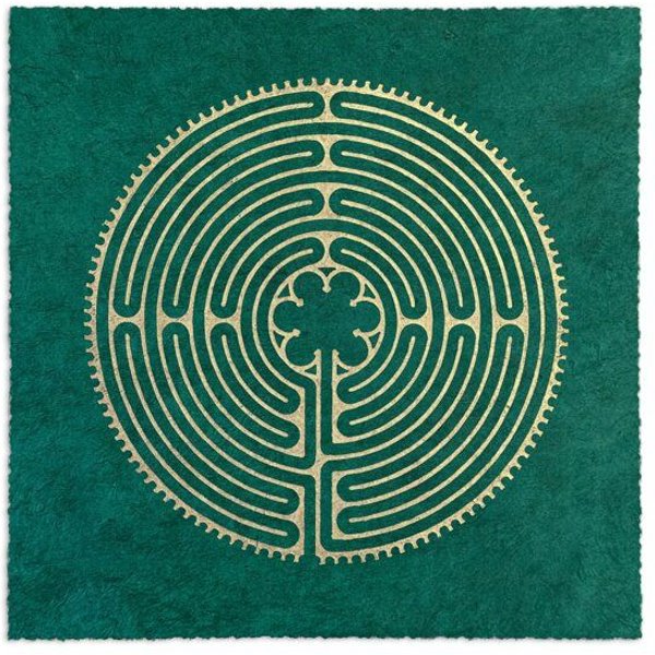 Veskor Cassiopeia LABYRINTH VON CHARTRES der Kathedrale Notre-Dame Linoldruck | 22 × 22 cm | Smaragdgrün
